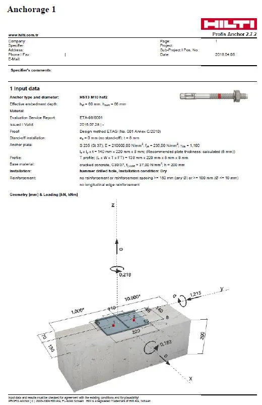 Hilti PROFIS Anchor ile dübel tasarımı (HST3 M10).